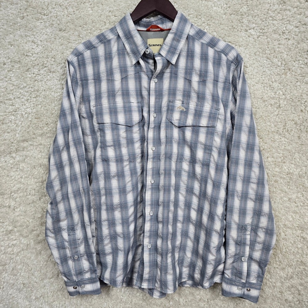 Simms‎ Mens Medium Blue Plaid Long Sleeve Snap Fishing Shirt Ventilated